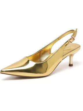 Women's Gold PU Low Kitten Heel Slingback Pump Pointed Toe Heeled Sandals